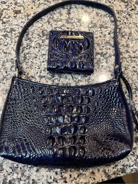 Brahmin Deep Navy Croc-Embossed Shoulder Bag with Matching Wallet